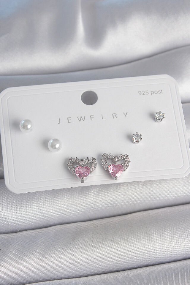 Pirinç Gümüş Renk Pembe Zirkon Taşlı Kalp Model İnci Detay 925 Ayar Gümüş Çivi Kadın Küpe Seti