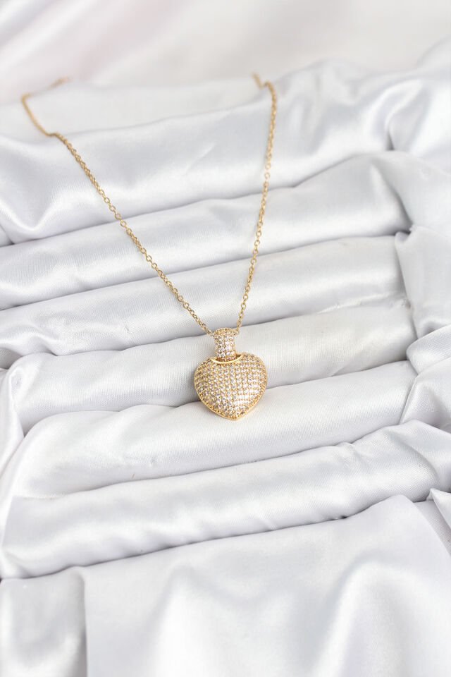 316L Çelik Zincir Gold Renk Zirkon Taşlı Kalpli Kadın Kolye