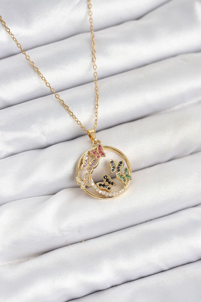 316L Çelik Zincir Gold Renk Zirkon Taşlı Kelebekli Kadın Kolye