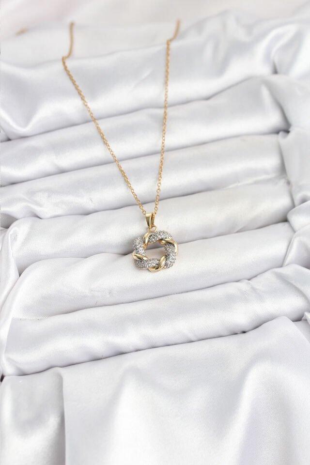 316L Çelik Zincir Gold Renk Zirkon Taşlı Sarmal Model Kadın Kolye